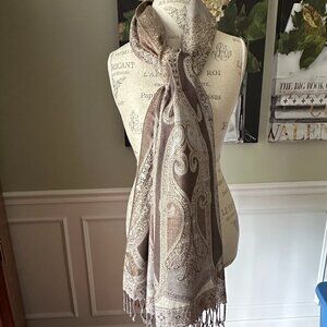 PASHMINA SCARF:PRE-OWNED TAUPE/LIGHT BROWN/GOLD METALLIC THREADS